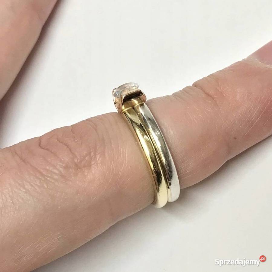 Złoty PIERŚCIONEK 14K trzy KOLORY złota KAMIEŃ