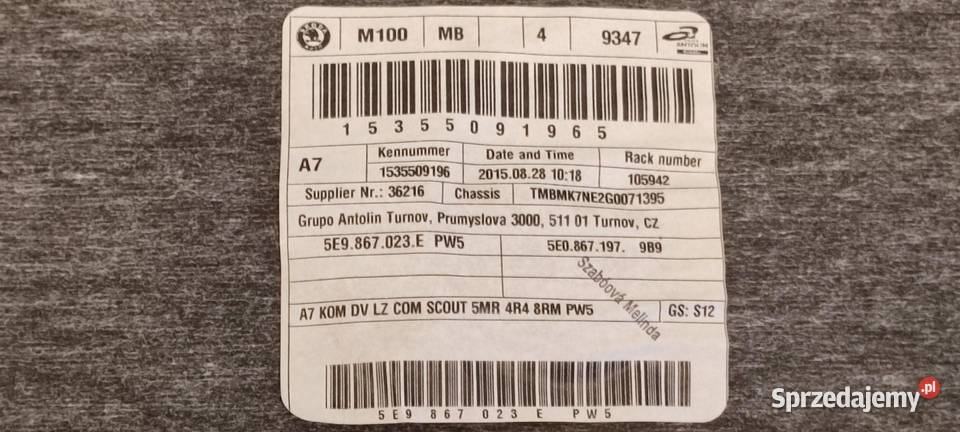 SKODA OCTAVIA III BOCZEK DRZWI LEWY TYŁ KOMBI