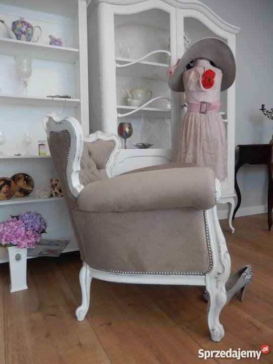 fotel uszak pikowany KAPITALNYM shabby chic biel Lubin
