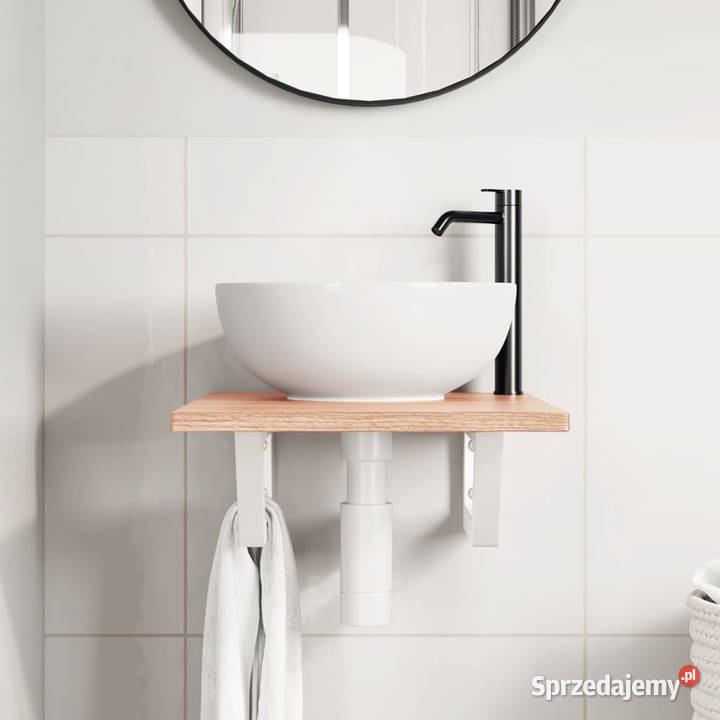 Półka ścienna pod umywalkę stal i lite drewno