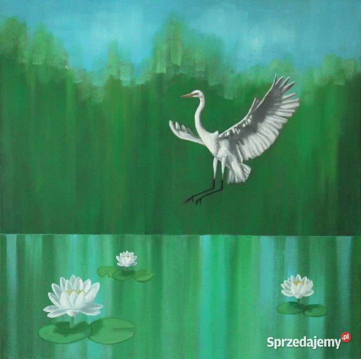 obraz olejny 50 x 50 czapla ptaki kwiaty pejzaż Malbork