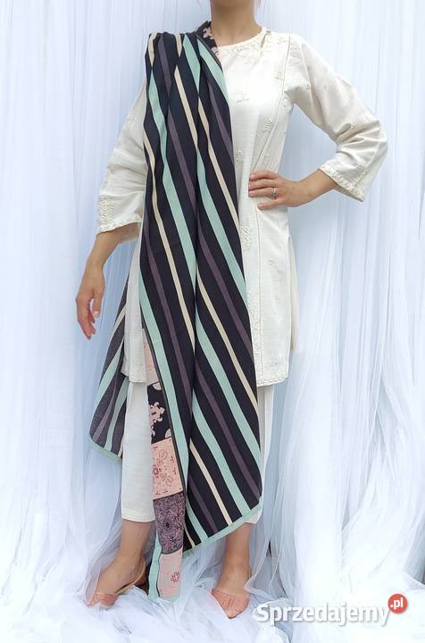 Duży szal w pasy orient granatowy miętowy zachodniopomorskie Szczecin