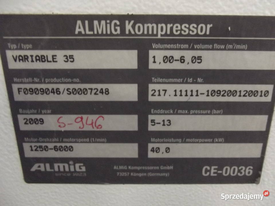 Sprężarka ALUP ALMIG VARIABLE35 40 kW S000946 opolskie Wilków