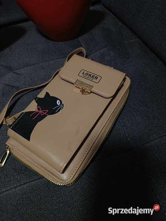 beżowa torebka na telefon crossbody z nadrukiem