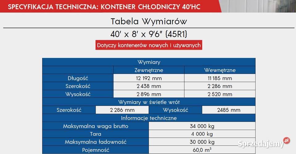 Kontener chłodniczy 40 HC RF 12 metrów Wyposażenie firm wyposażenie