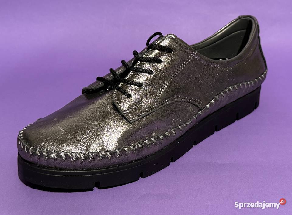 Skórzane damskie platynowe wiązane półbuty mazowieckie Żyrardów