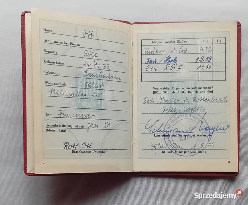 Legitymacja związku zawodowego FDGB NRD 1951 r Antykwariat Koźminek