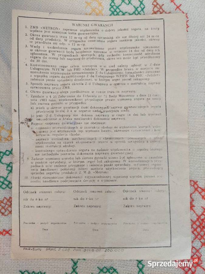 Karta gwarancyjna zegara domowego z 1985r Antyki Wyrzysk
