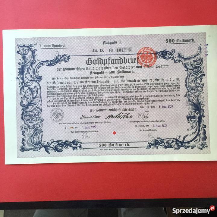 9 Papiery wartościowe 500 goldmark Szczecin sprzedam