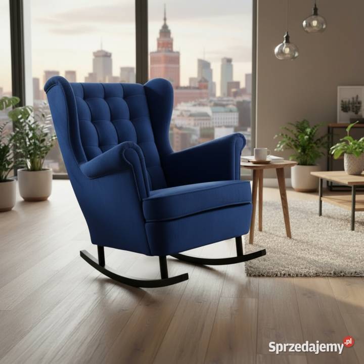 Fotel Uszak Skandynawski Granatowy Na Płozach Tarchały Małe