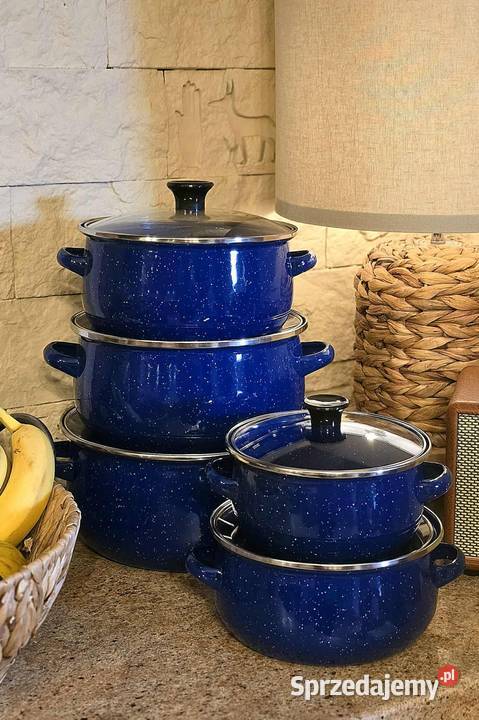 Komplet garnków emaliowanych niebieskie kropki Kraków