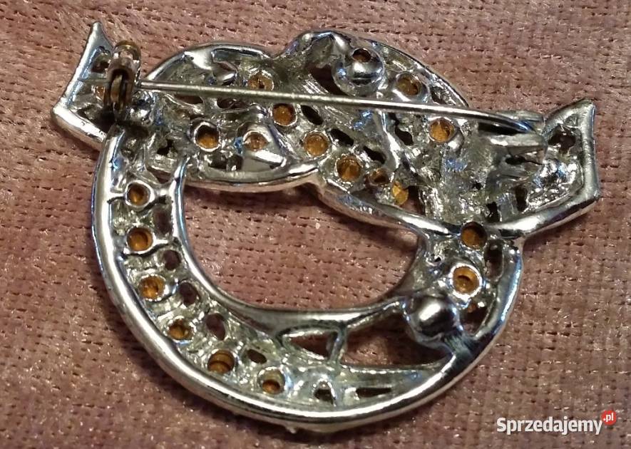 Stara angielska broszka granatowa koło z węzłem Ochojno