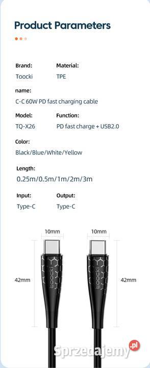 Toocki kabel USBC USBC PD do 60W transmisja