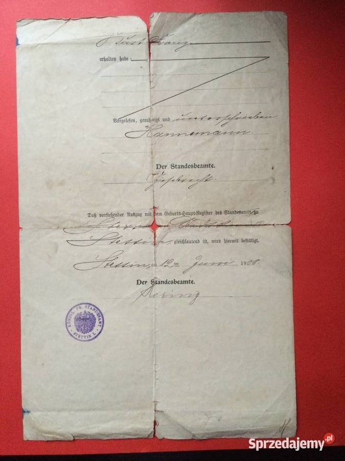 2094 Niemiecki Akt Urodzenia Stettin Szczecin