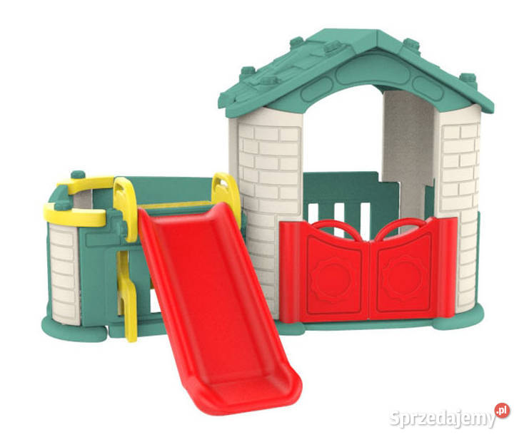 Domek ogrodowy dzieci ze zjeżdżalnią i ogródkiem