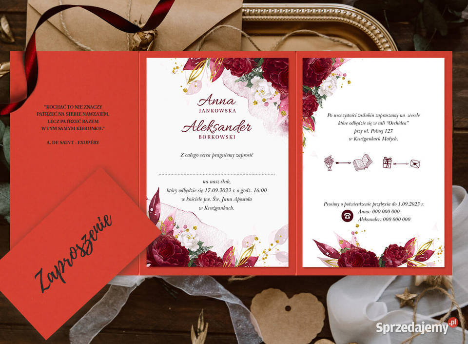 Folderowe zaproszenia ślubne Bordowe Siedlce