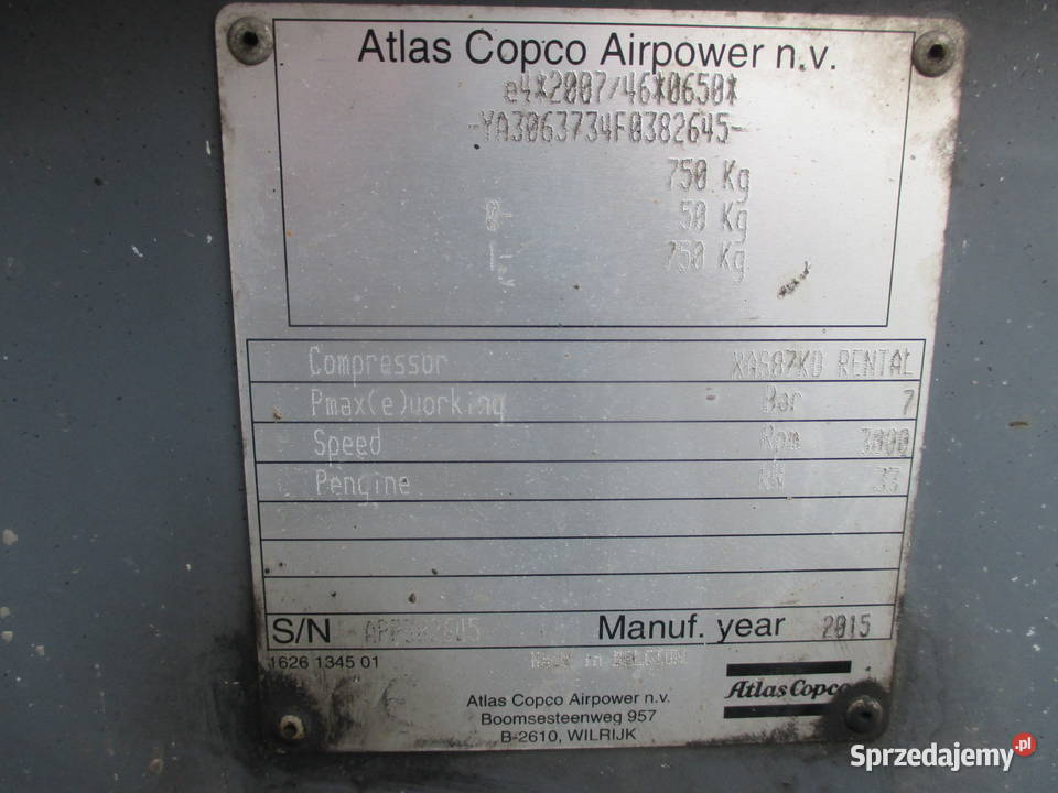 Sprężarka śrubowa kompresor Atlas Copco XAS87KD Pleszew