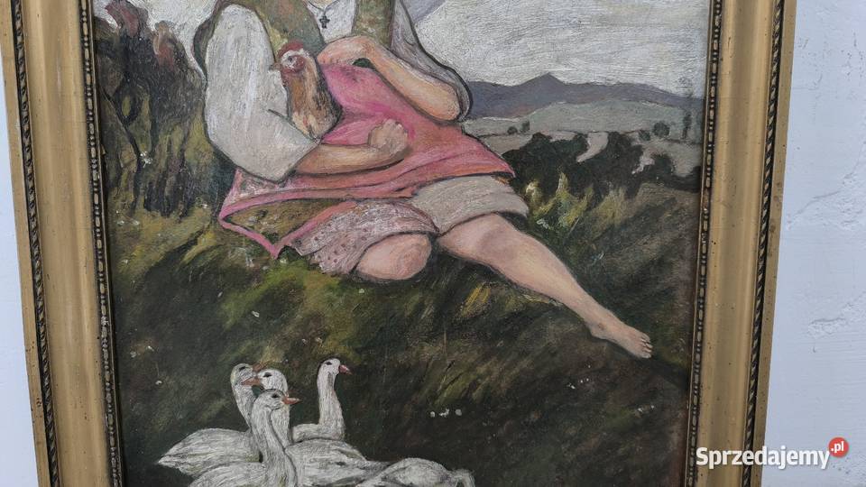 Piękny obraz olejny scena rodzajowa Gęsiarka Łódź