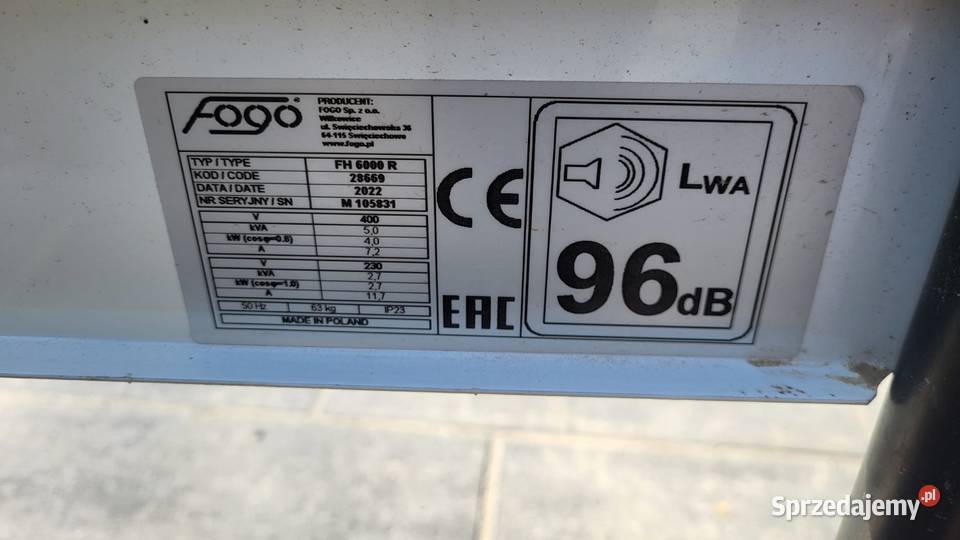 Agregat prądotwórczy Fogo FH 6000r trzy fazowy Annopol