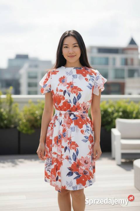 Sukienka damska elegancka kwiaty falbana wiązana
