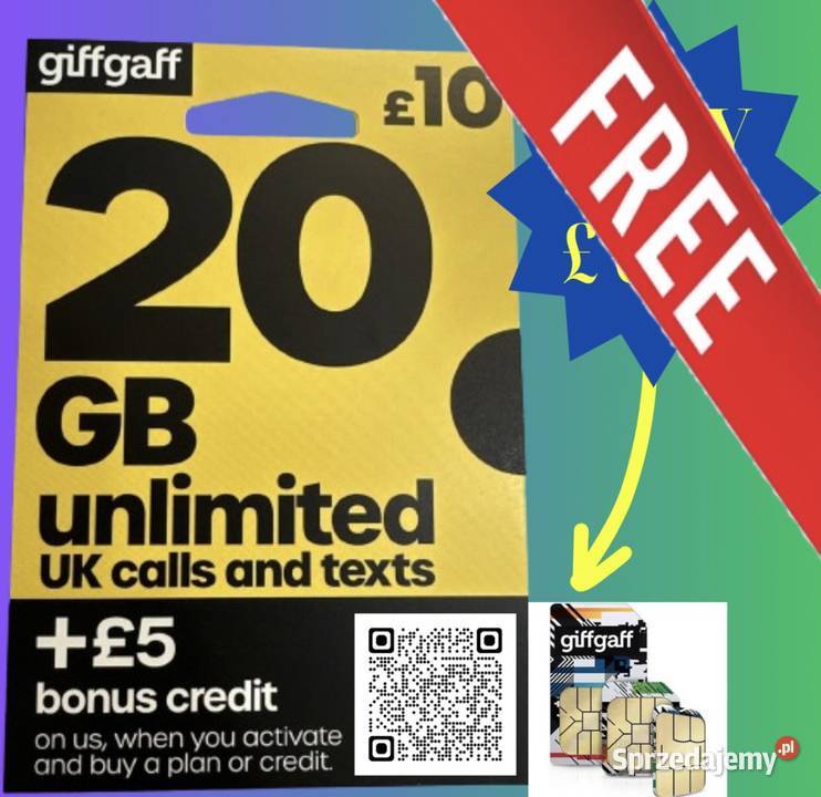 Karta SIM GiffGaff 5G i 20 GB internetu + £5 extra