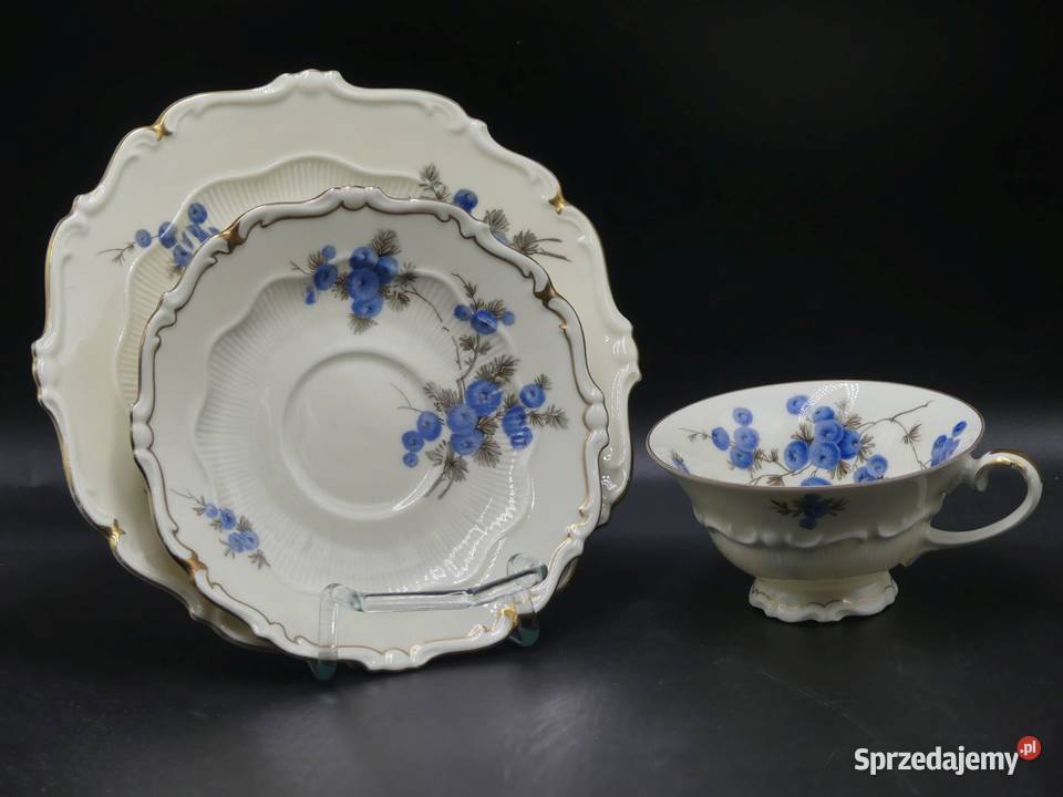Komplet śniadaniowy Sorau Żary niebieskie Mimozy Porcelana i szkło Poznań sprzedam