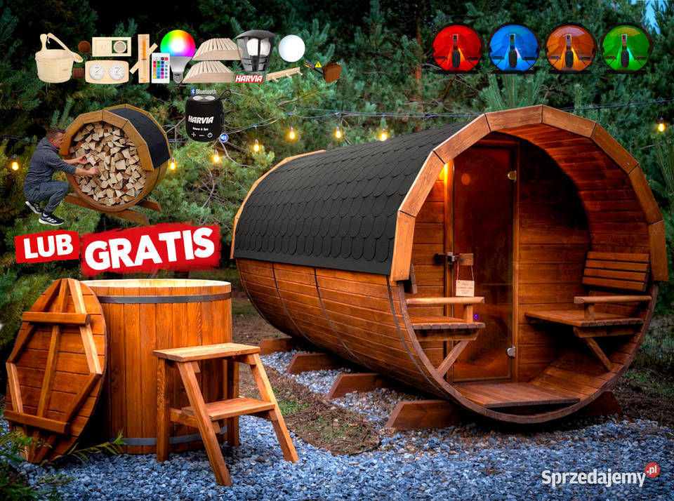 SAUNA Ogrodowa 400 PRZEDSIONEK zew Beczka 500L Nowy Targ