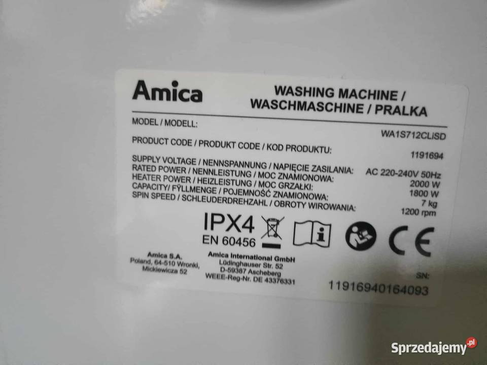 Pralka Amica WA1S712CLiSD raz włączona do wolnostojące Częstochowa