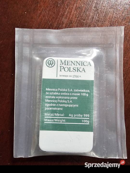 Sztabka srebra 100g Mennica Polska Ag 9999 Prałkowce