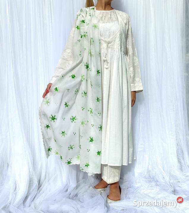 Duża chusta szal dupatta haftowana biała bawełna Galanteria i dodatki Szczecin