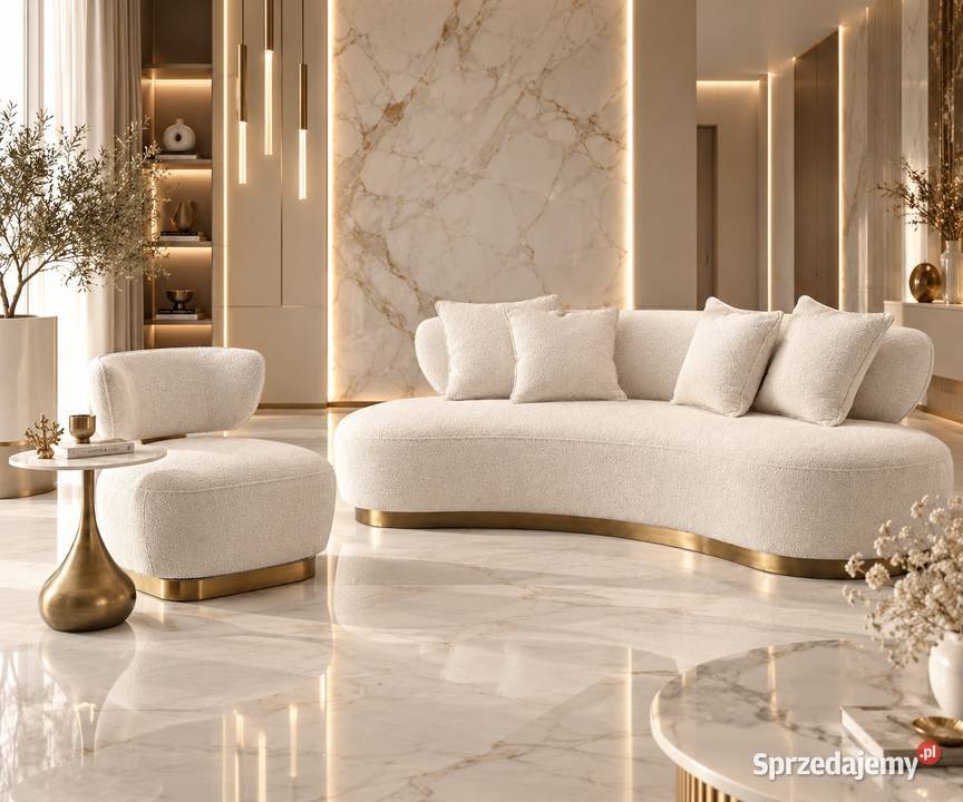 Sofa glamour boucle biała ecru 257 ze złotą Golkowice sprzedam