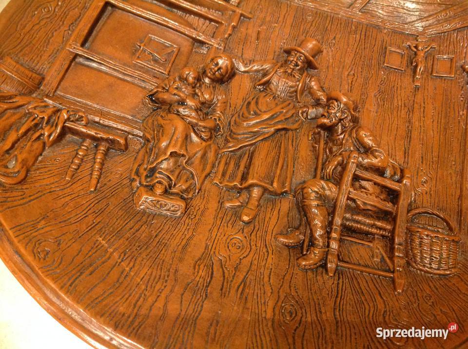 STARY OBRAZ PŁASKORZEŹBA Z WOSKU PSZCZELEGO odcienie brązowego