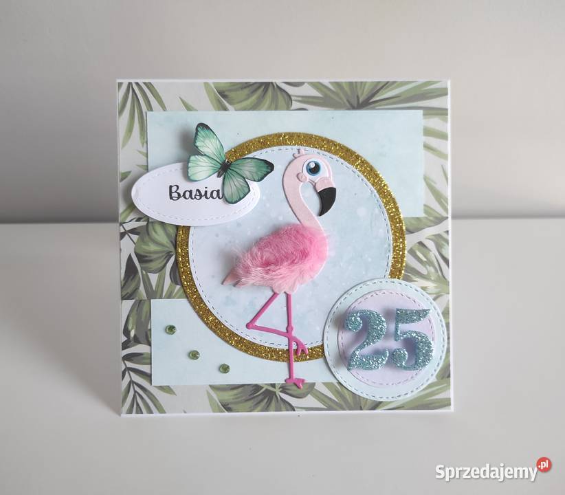 Kartka urodzinowa ręcznie robiona z flamingiem Rękodzieło