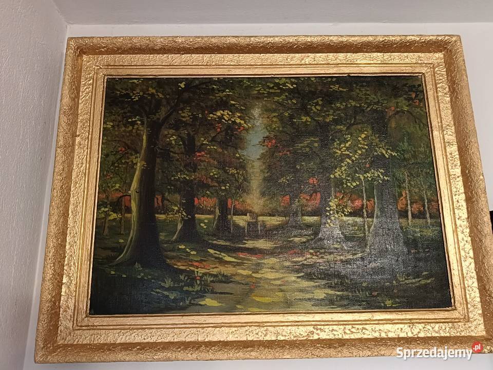 Stary obraz olejny na płótnie Droga park Lipno sprzedam