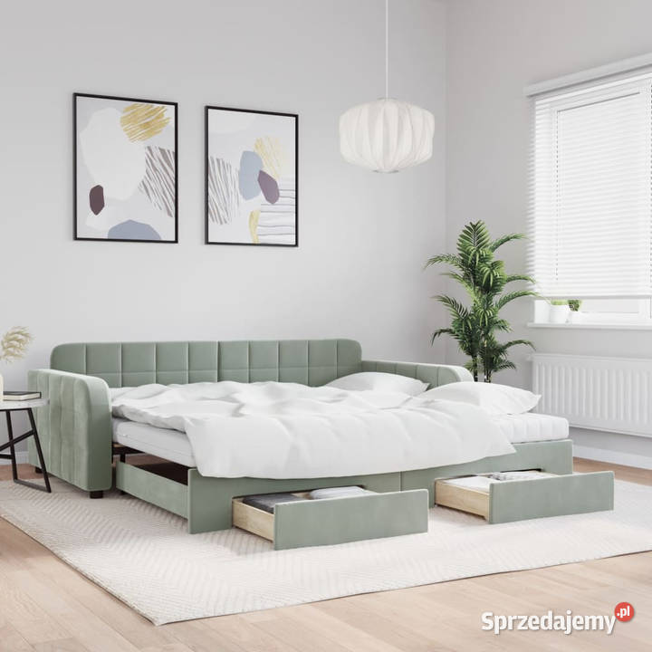 Sofa rozsuwana z szufladami jasnoszara aksamit Łóżka sprzedam