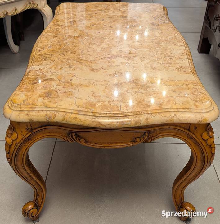 Piękny dębowy stolik ludwikowski z marmuremsklep Dąbrowa Górnicza