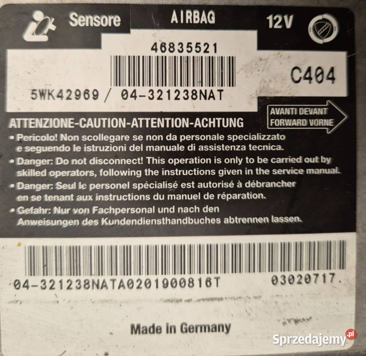 MODUŁ SENSOR AIRBAG PODUSZEK POWIETRZNYCH FIAT Działoszyce sprzedam