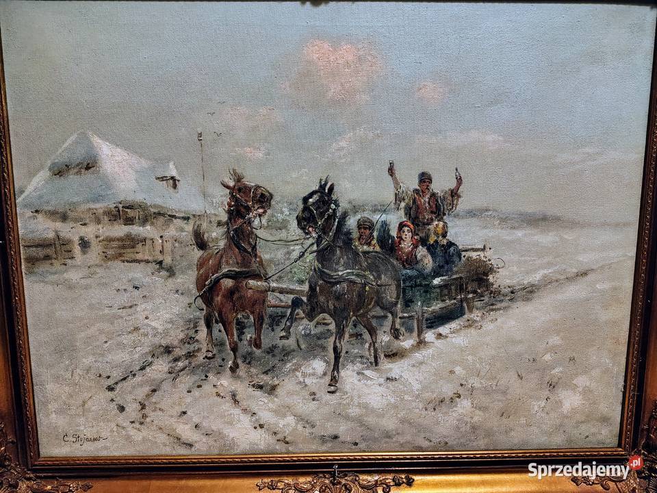 Zimowy kulig stary obraz olejny antyk sprzedam