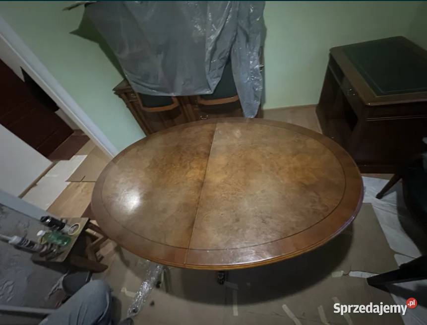 Duży stół z litego drewna 6 krzeseł skóra Żywiec