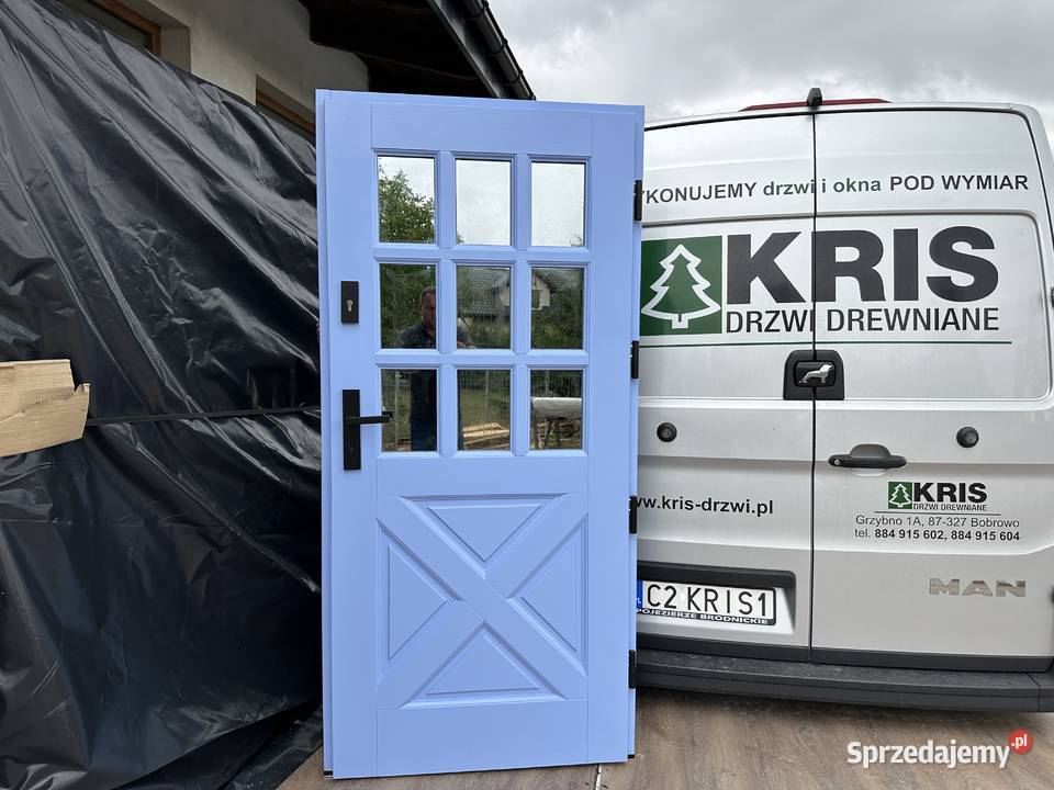 Drzwi zewnętrzne drewniane z klamką schlage NA Dom i Ogród Grzybno