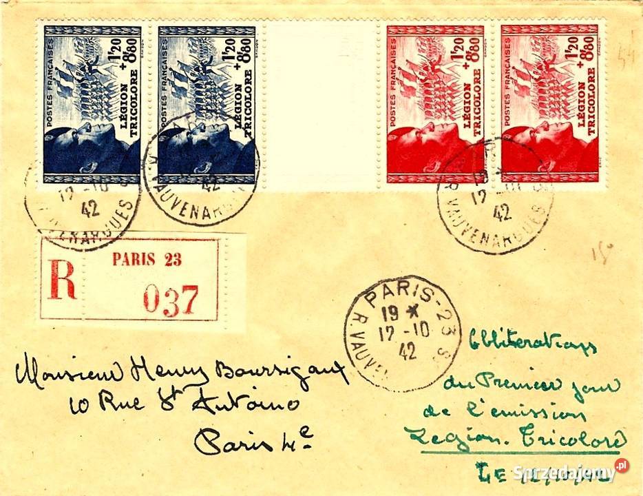 FRANCJA 1942 LEGION TRICOLORE FDC wysyłka Człuchów