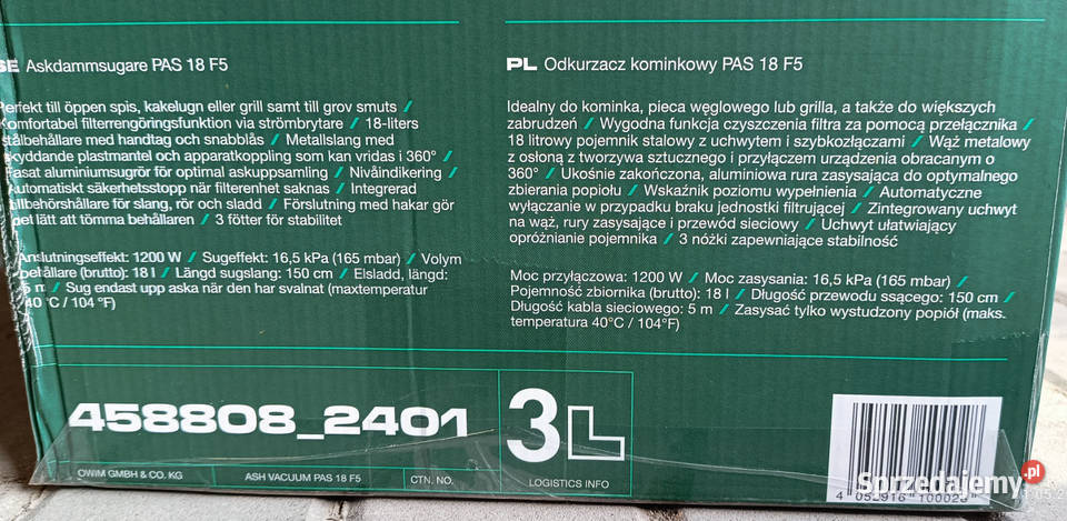 Odkurzacz do popiołu Parkside PAS 18 F5 o mocy podkarpackie