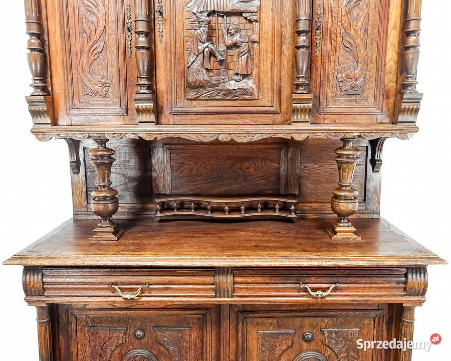 Antyk Dębowy KREDENS drewniany rzeźbiony XX wiek Kalisz