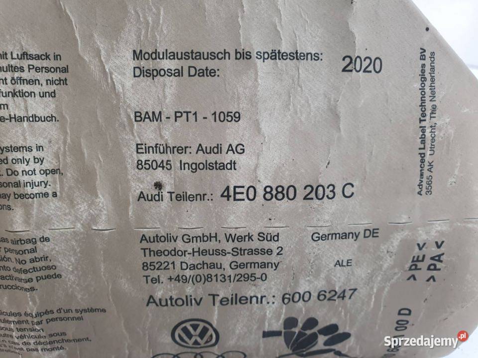 PODUSZKA AIRBAG AUDI A8 42 TDI 4E0880203C osobowe kujawsko-pomorskie Lipno