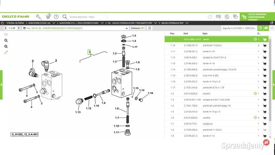 zawór hydrauliczny redukujący DeutzFahr Koszanowo