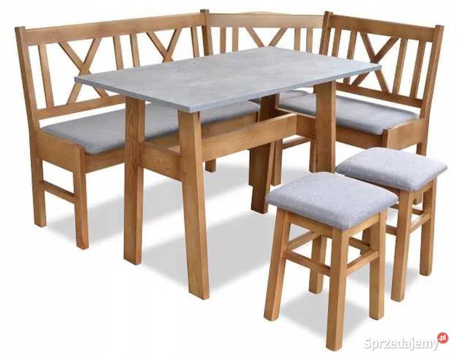 Narożnik kuchenny rogówka zestaw komplet mebli stół ławki taborety drewno