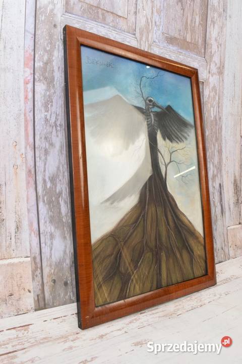 Beksiński Pastel na Kartonie Szkłem Stary Obraz