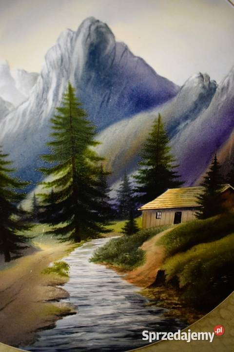 Duży talerz ozdobny z pejzażem górskim