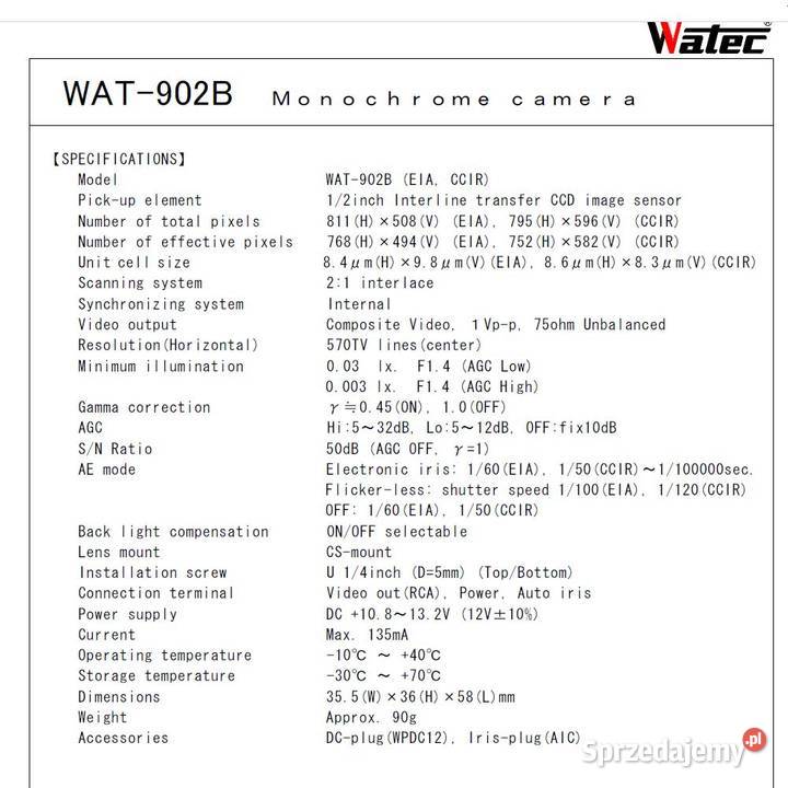 czuła kamera Watec 902B CCIR obiektyw 12 mm Kraków sprzedam