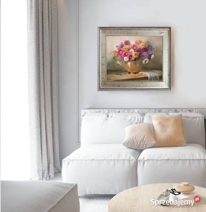 Astry w Wazonie ręcznie malowany olejny Lidia Nowy Sącz